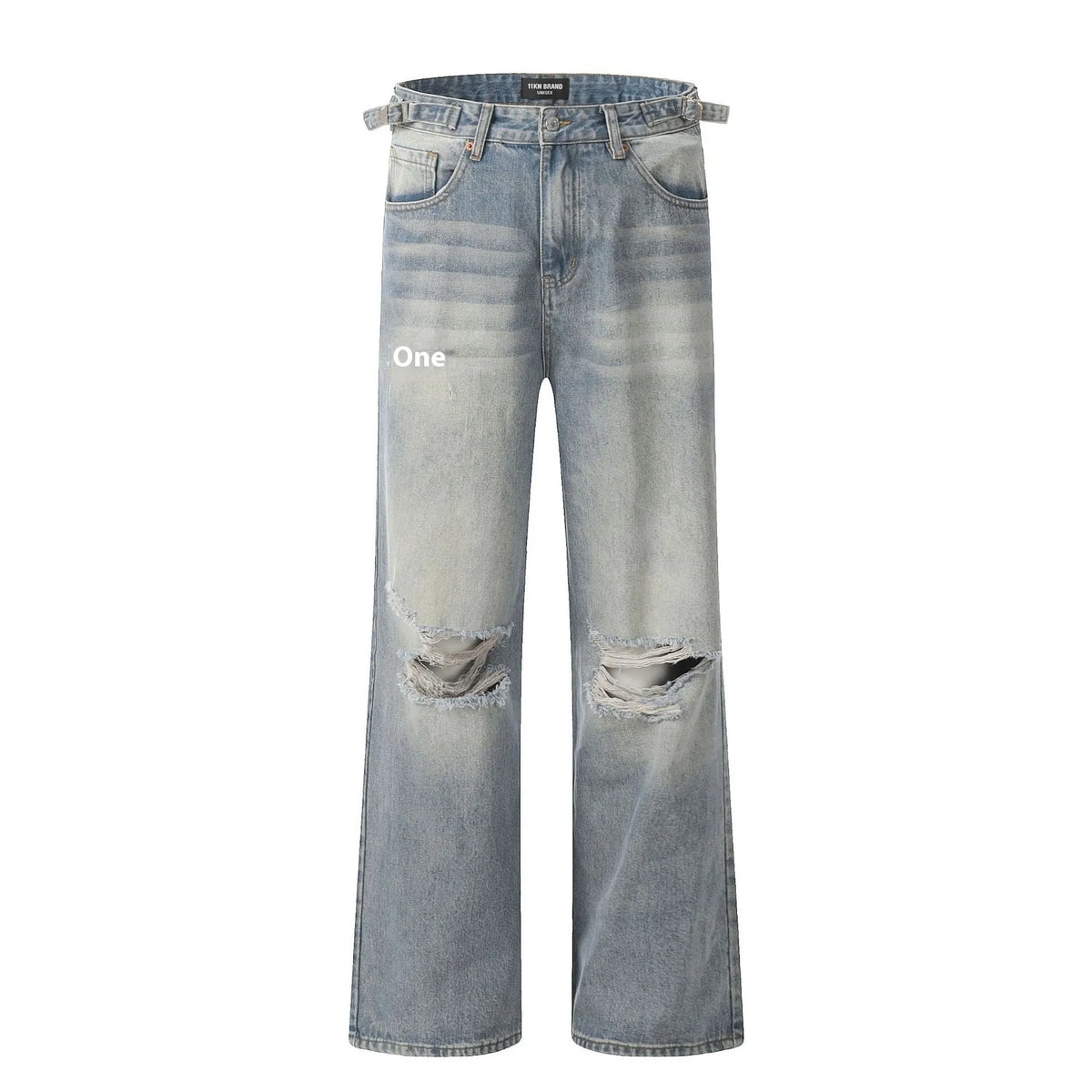 Blue cotton blend men's straight leg jeans with retro ripped detailing, front view, zipper fly, standing pose