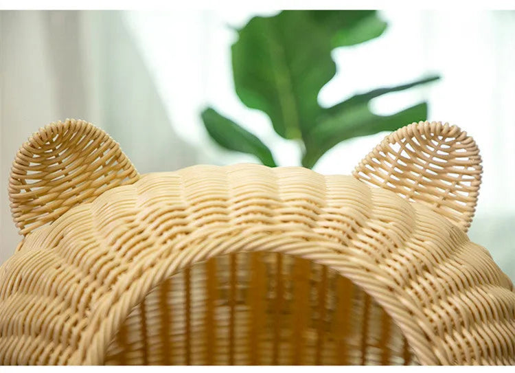 Semi-enclosed hand-knitted imitation rattan cat house with bear ear top in beige
