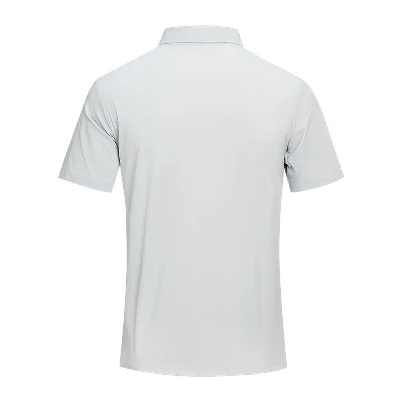 Men's solid colour quick-dry polo shirt in nylon blend fabric on a hanger.
