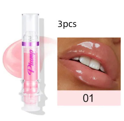 Tube of lip gloss showing shiny finish, available in six different colour shades.
