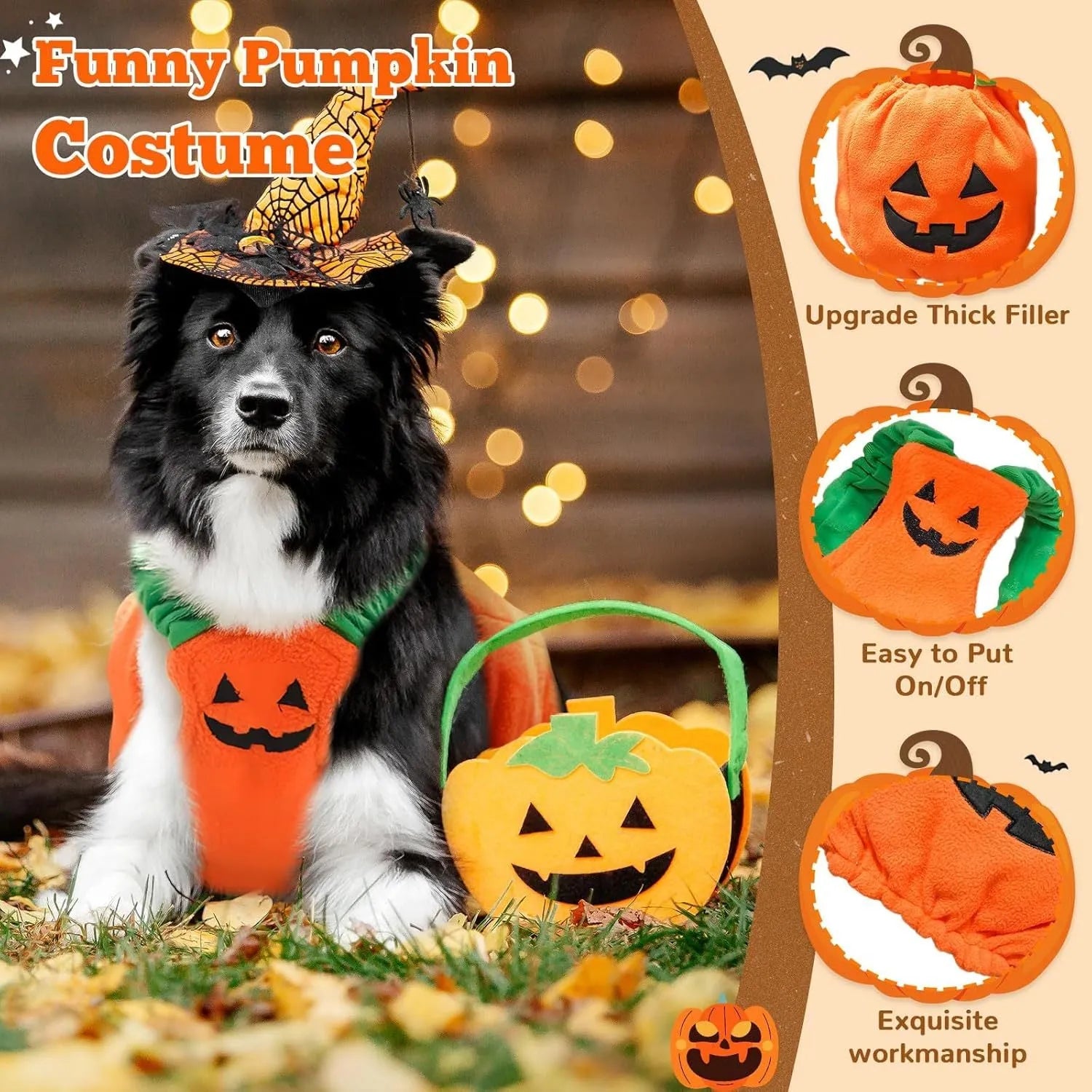 Orange pumpkin plush Halloween costume on a small dog, showing pullover design and soft fabric.
