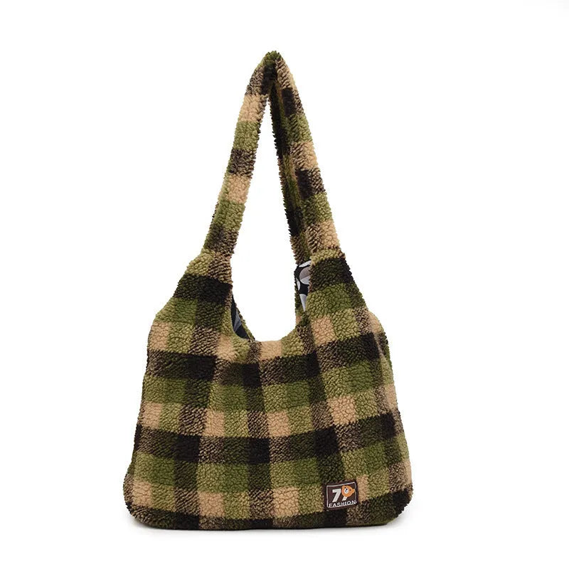 Army Green plaid plush women's large shoulder tote bag showing front view and zipper compartment.