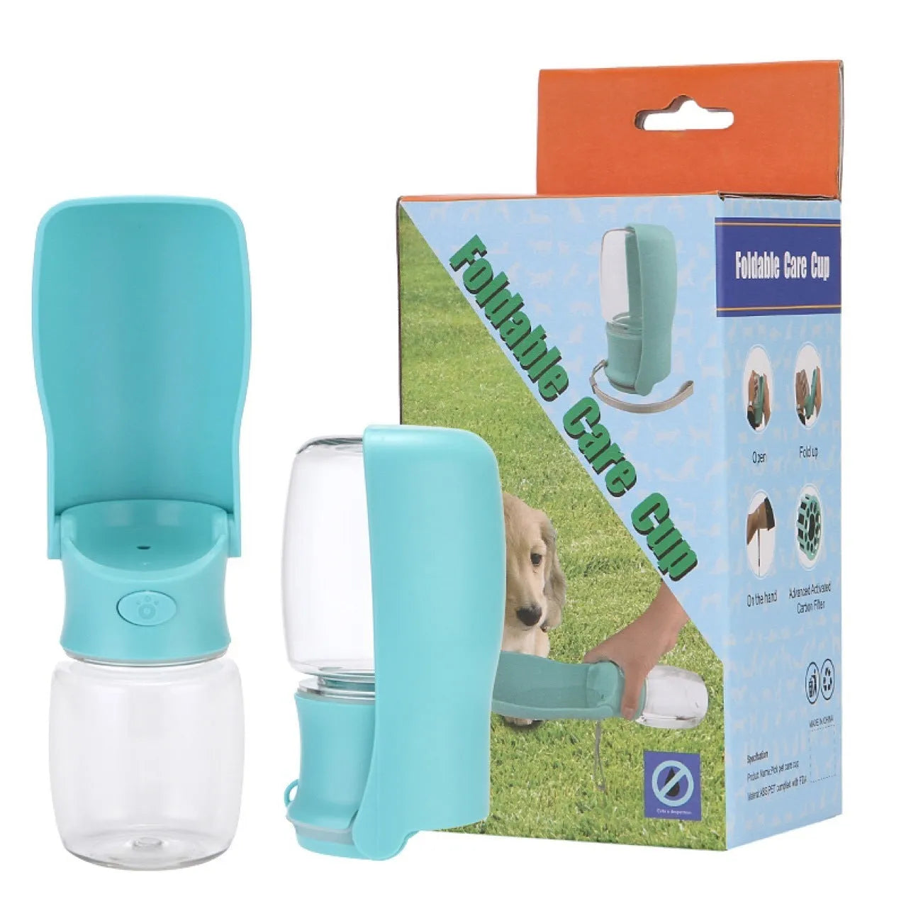 Foldable plastic dog water bottle dispenser in blue, pink, or white with 350ml or 550ml capacity