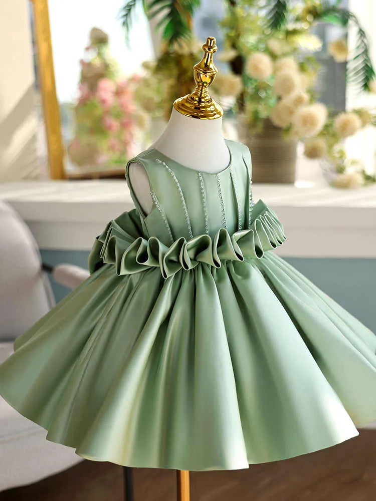 Girls' fruit green satin sleeveless slim-fit party dress on white background, multiple height options