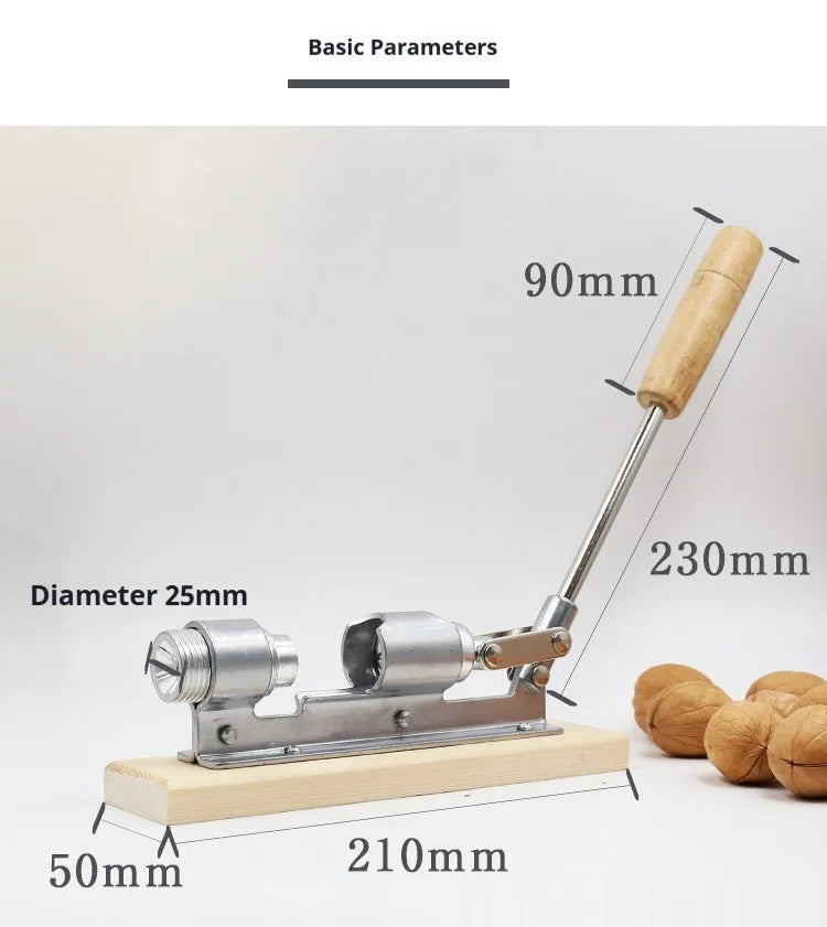 Mechanical walnut cracker tool with wooden board base and aluminium lever mechanism