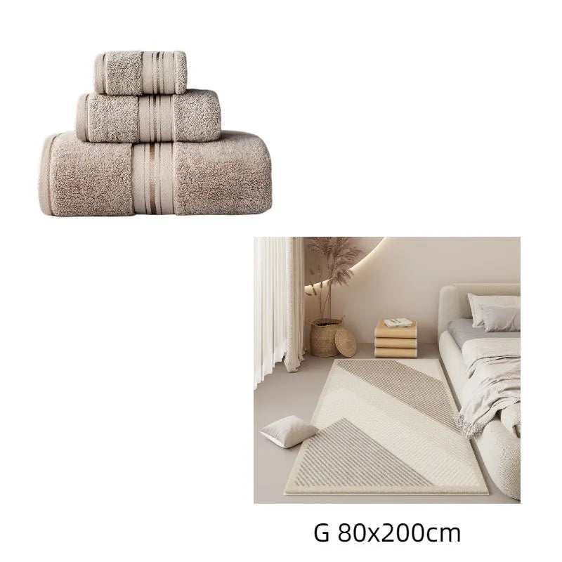 Three-piece cotton bath towel set in floral colours showing bath towel, hand towel and face cloth with optional logo printing