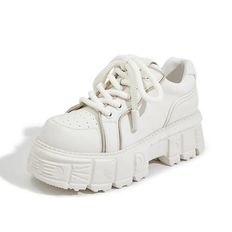 Women's beige leather casual shoes with muffin bottom sole design and rubber foam soles