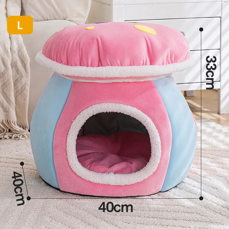 Mushroom-shaped cat nest with plush lining in grey, pink, or purple colours