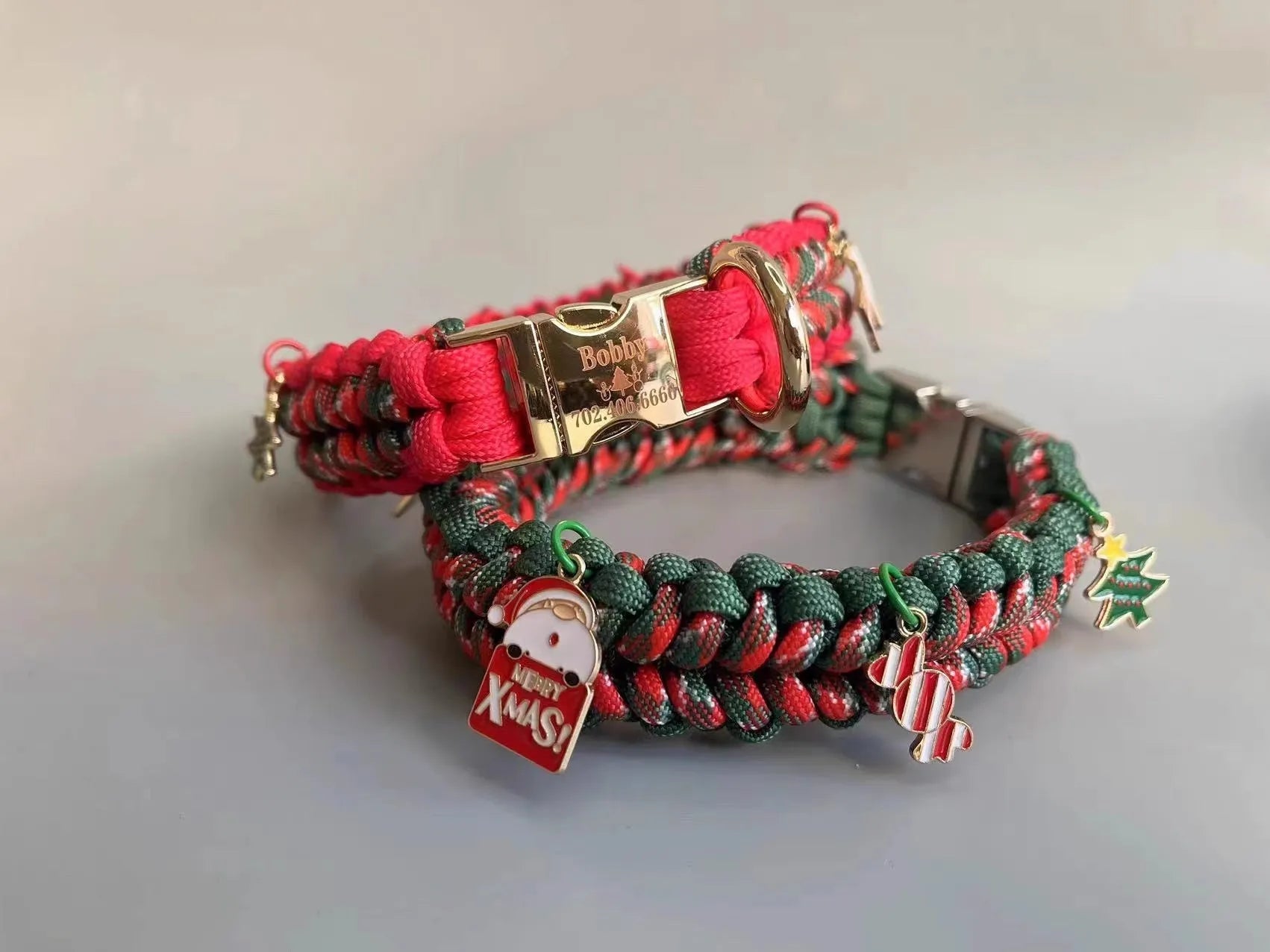 Green and red dog leash with metal P-chain, rope handle, and release buckle options