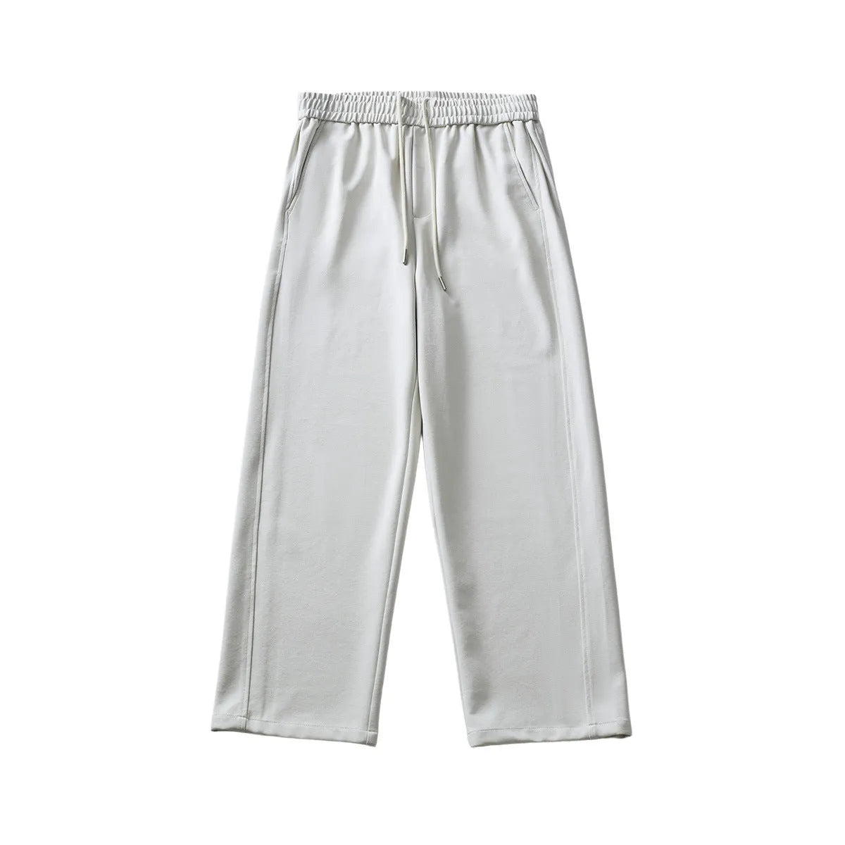 A pair of men's loose-fitting grey casual trousers with a high waist and straight leg on a plain background.