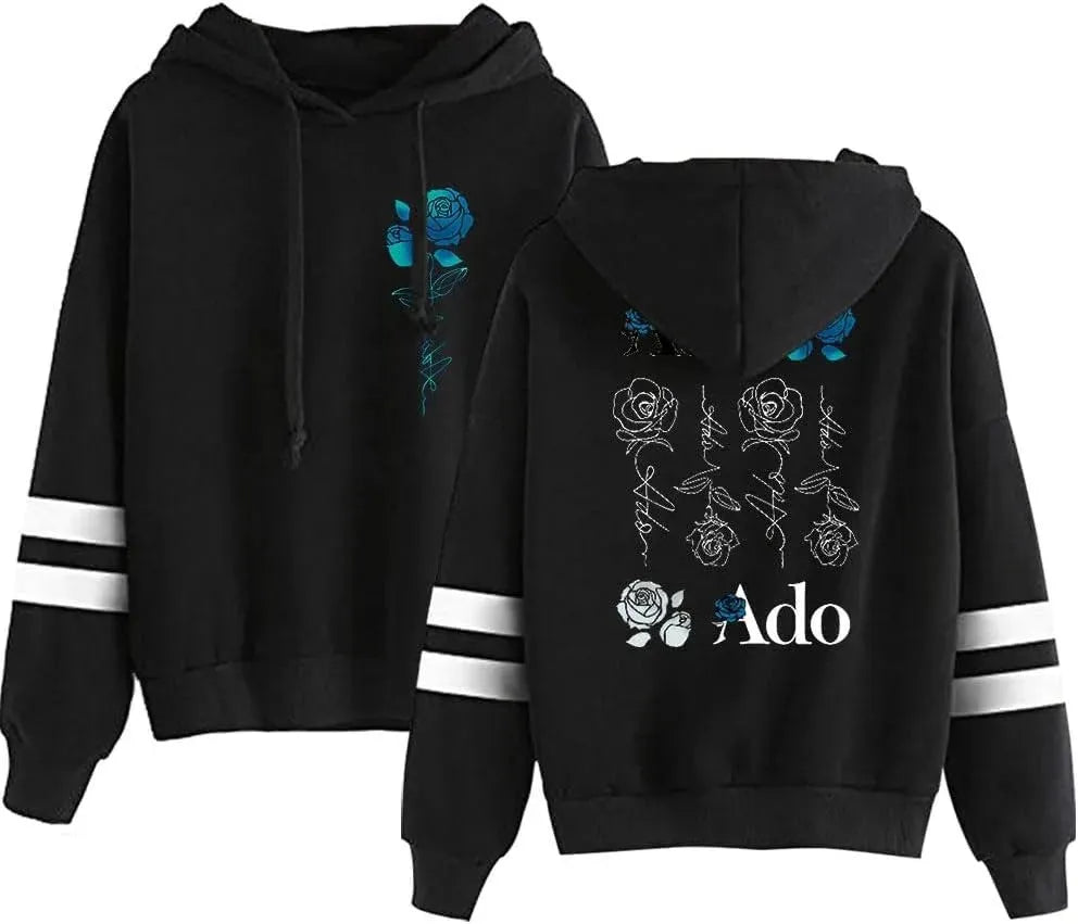 Black casual printed hoodie with half-sleeve shrug design, polyester fabric, front view