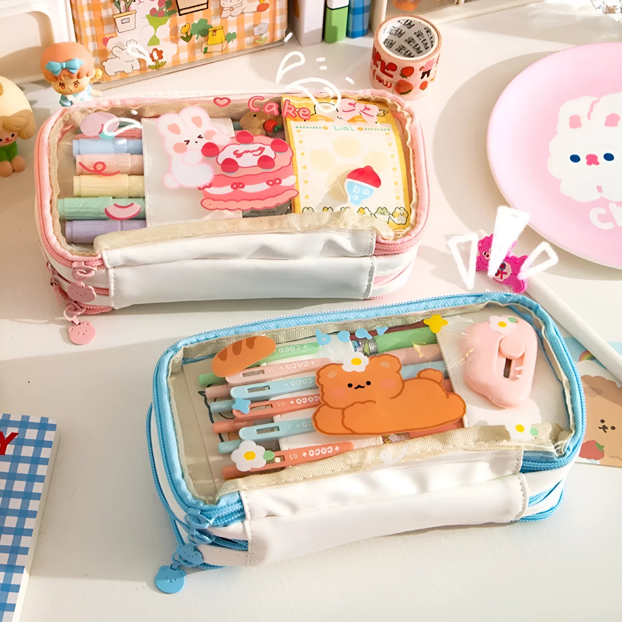 Transparent heart-shaped Japanese pen case with Korean style rabbit patterns in TPU material