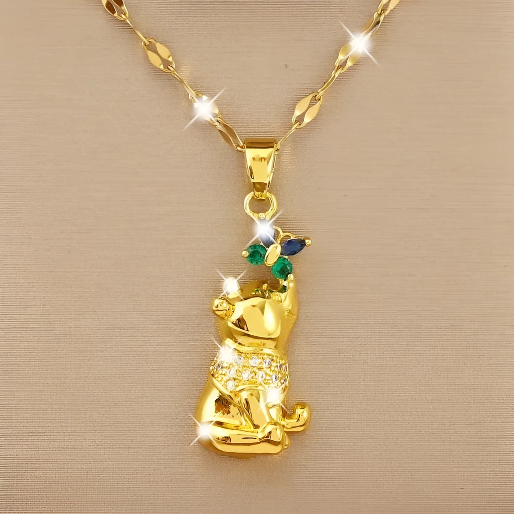 Gold electroplated copper necklace with micro inlaid zircon bear and butterfly, heart pendant, lip chain 41-50cm