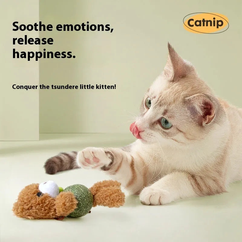 Plush catnip ball toy with bell in animal designs for kitten biting relief