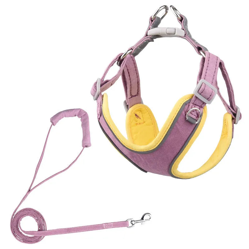 Adjustable suede dog harness and leash in blue yellow colour for small to large dogs
