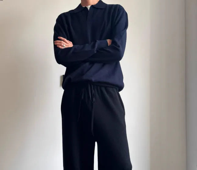Man's milky white pure wool polo neck sweater with lapel collar and long sleeves.