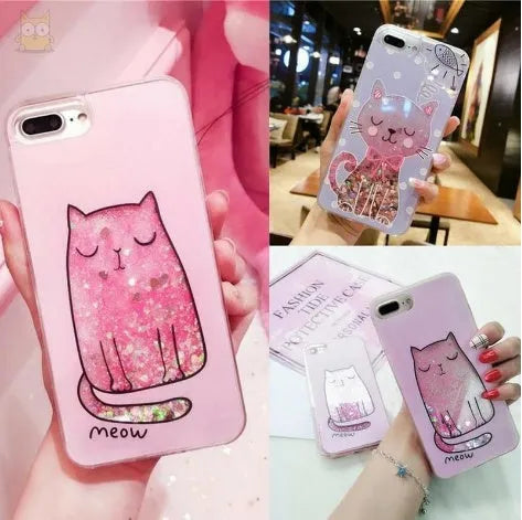 Glittery cat design phone case for iPhone models 6, 7, 8, and X.