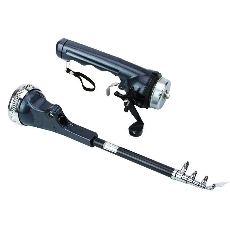 Foldable black fishing rod collapsed to 26.5cm showing built-in reel and epoxy resin construction