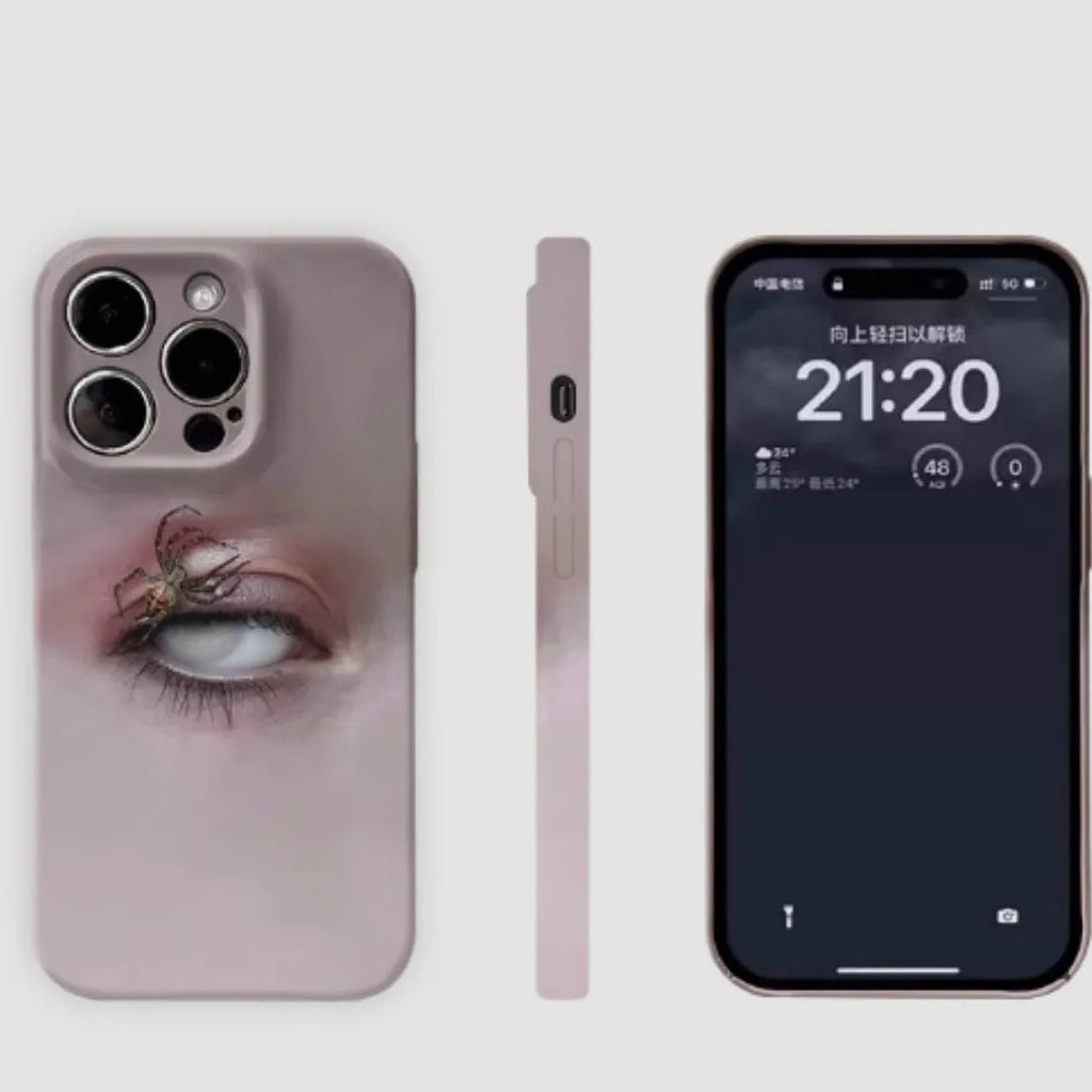 Dark heterochromatic spider pattern on a frosted resin iPhone case for iPhone 15 Pro Max and 16 Pro Max.