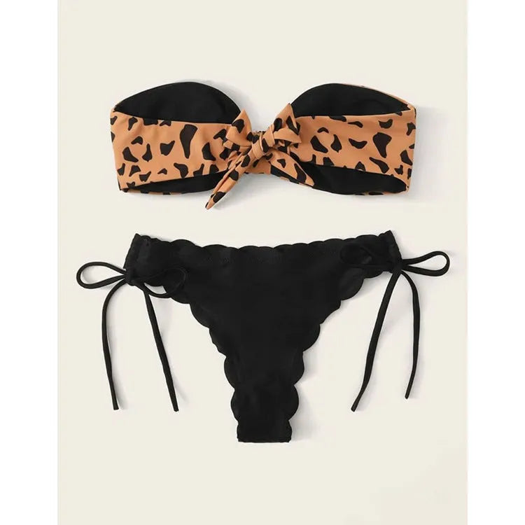 Women's leopard print split swimwear bikini set made from nylon and polyester, shown in Asian fit sizes S to XL