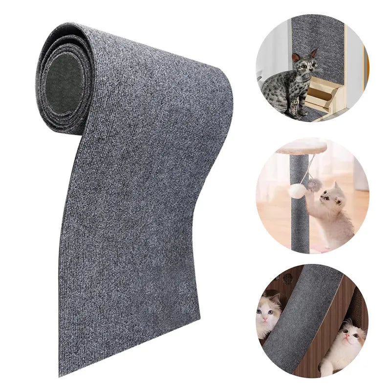 Self-adhesive cat scratch carpet mat in beige, trimmed to fit sofa arm, with scissors and roll packaging