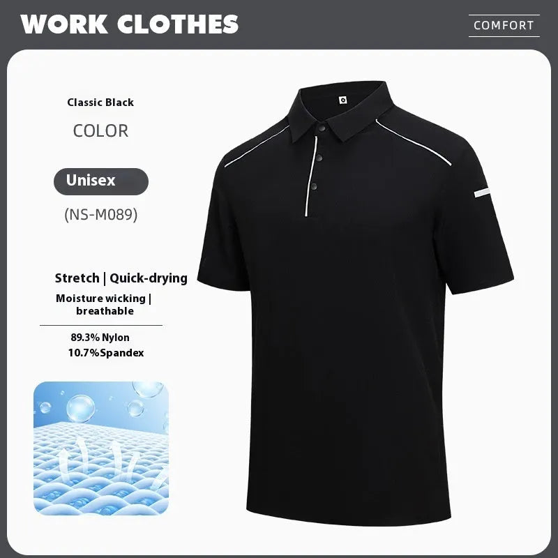 Men's solid colour quick-dry polo shirt in nylon blend fabric on a hanger.