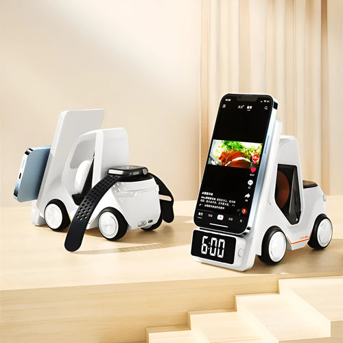 Grey 15W three-in-one wireless charging stand for mobile phones showing its angled design and Type-C port.