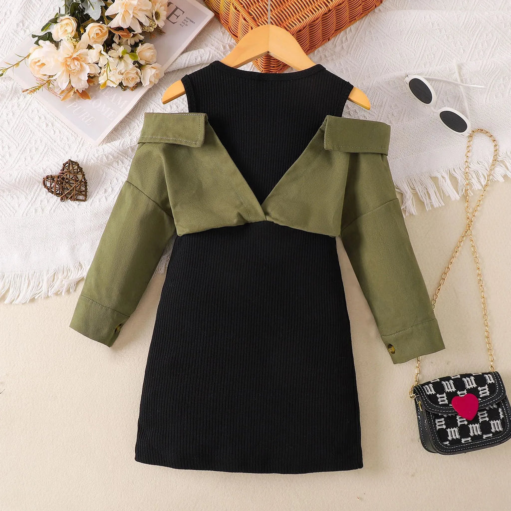 Children's off-shoulder long sleeve dress in military green cotton, front view, sizes 4Y to 7Y