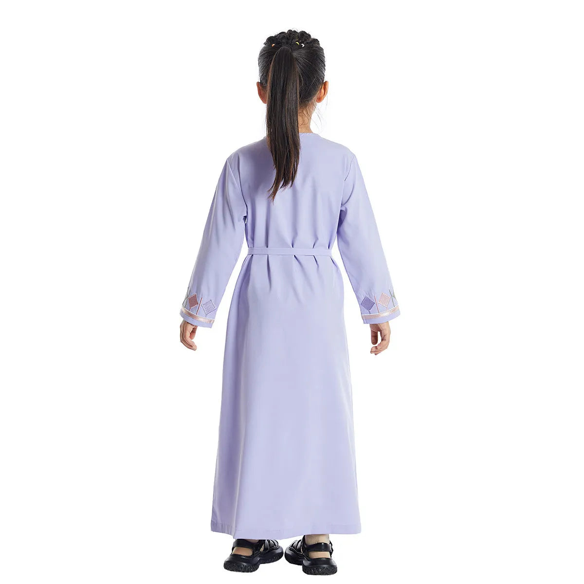Southeast Asian girls embroidered dress in flounced skirt style, available in black, pink, and purple