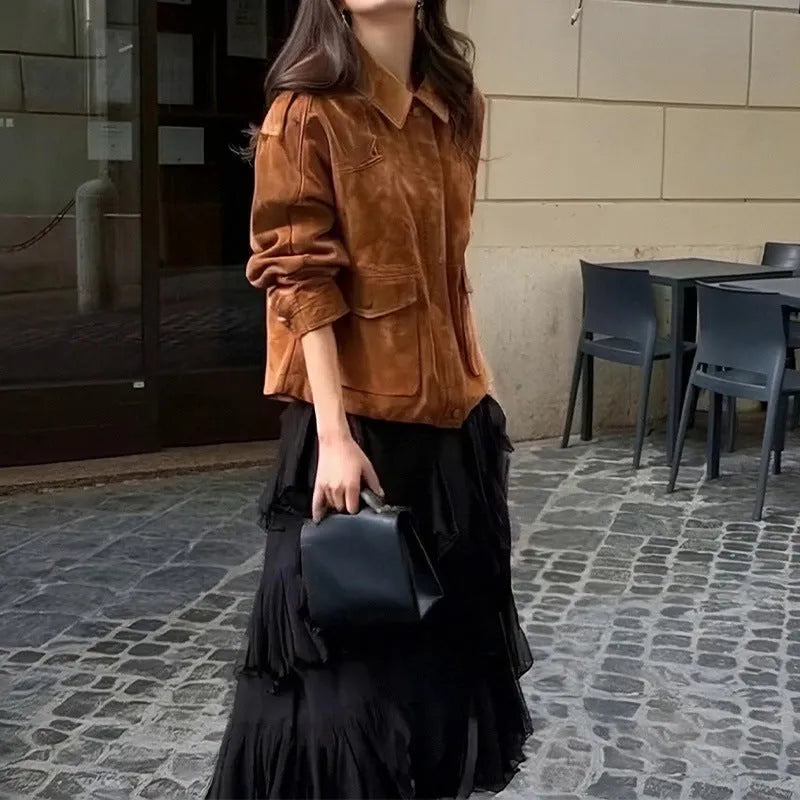 Women's regular sleeve suede coat in bright brown and brown colours showing polyester construction