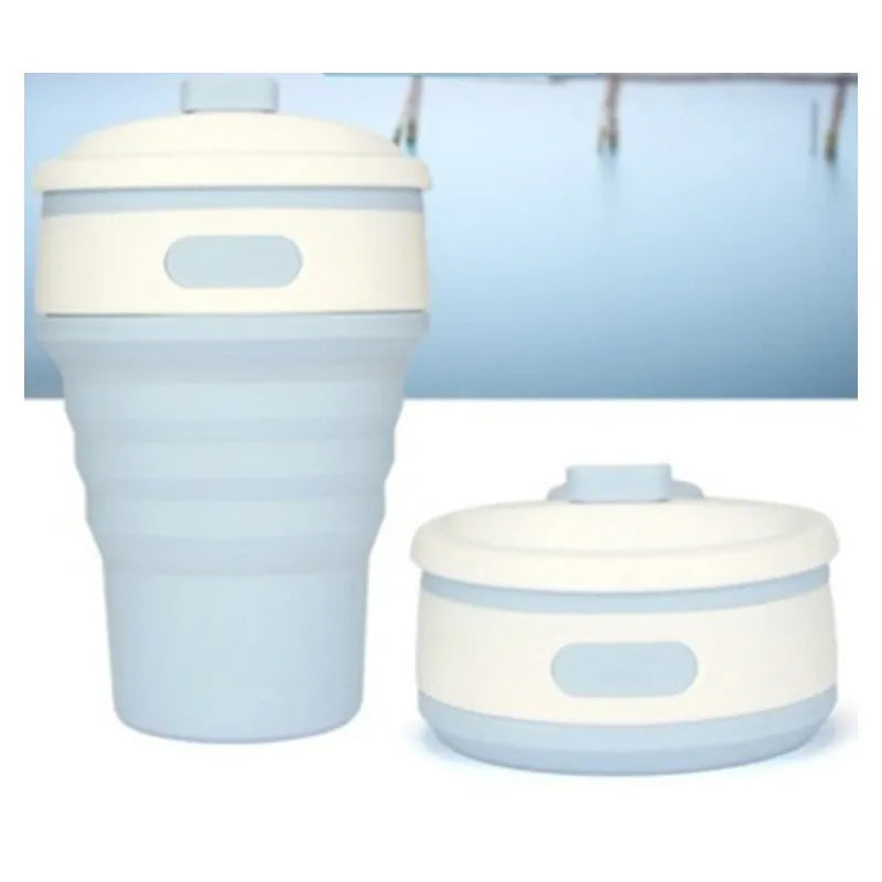 Green collapsible silicone travel mug shown expanded and folded to 6cm height