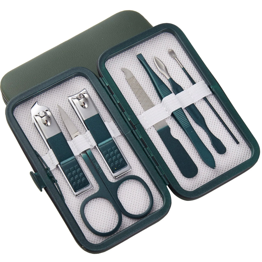 Emerald green nail clippers set in storage case with stainless steel and carbon steel manicure and pedicure tools