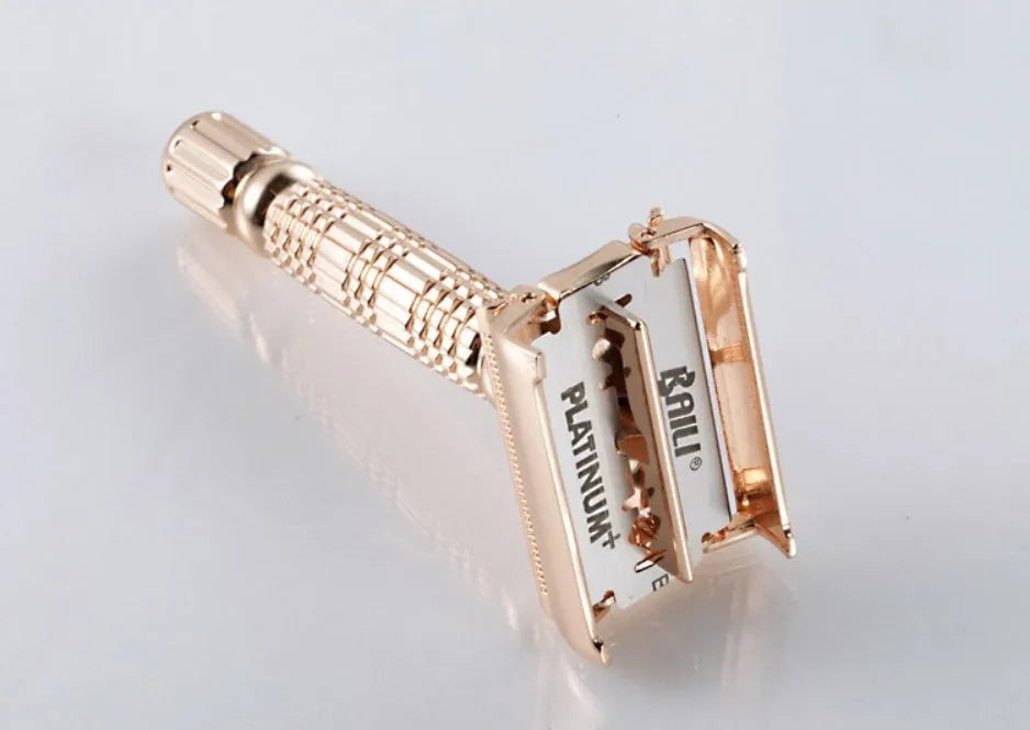 Rose gold chrome plated alloy double edge safety razor with butterfly mechanism in storage box with mirror