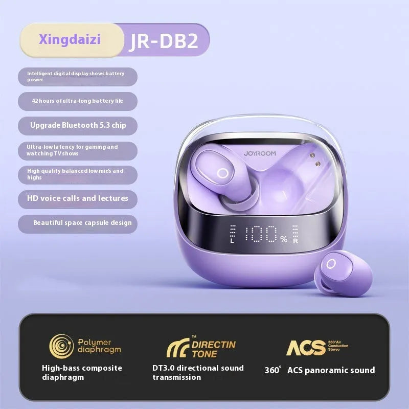Wireless in-ear Bluetooth headset with charging case in beige, black, or purple colours