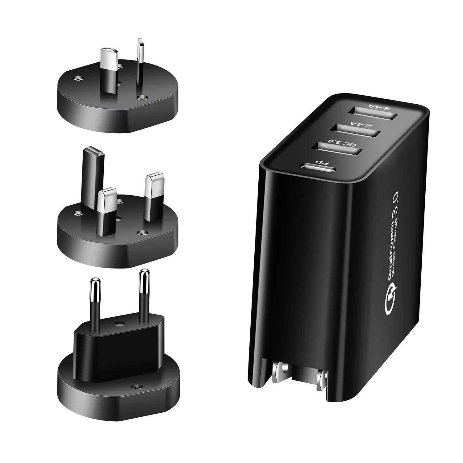 Black and white four-port USB-C wall charger with interchangeable UK, US, EU, and AU plug heads.