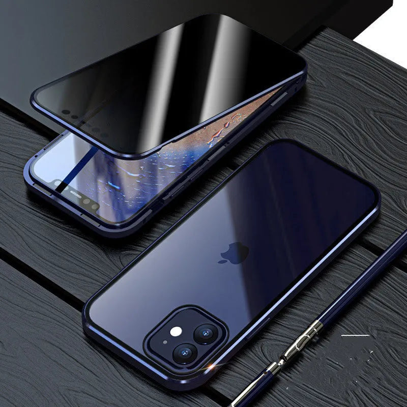 Magnetic privacy glass iPhone case in black showing anti-peeping screen protection feature