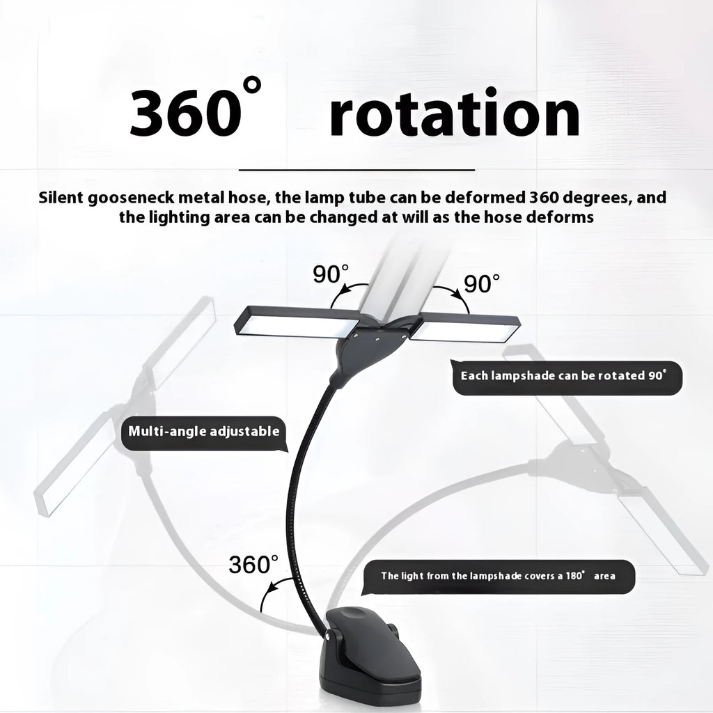 Black rechargeable music stand lamp with 28 LEDs and USB cable on a music stand.