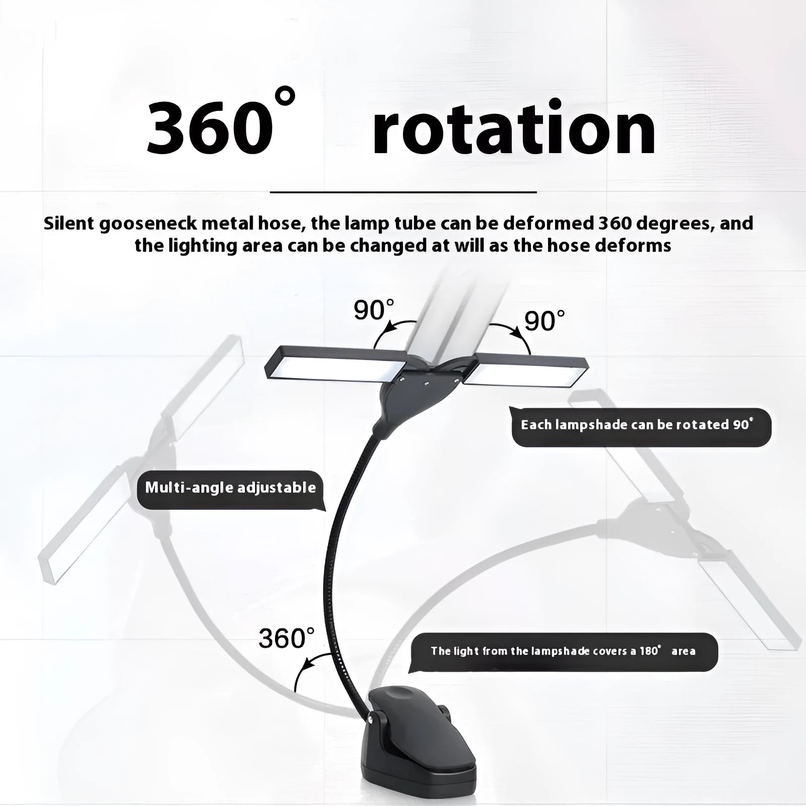 Black rechargeable music stand lamp with 28 LEDs and USB cable on a music stand.