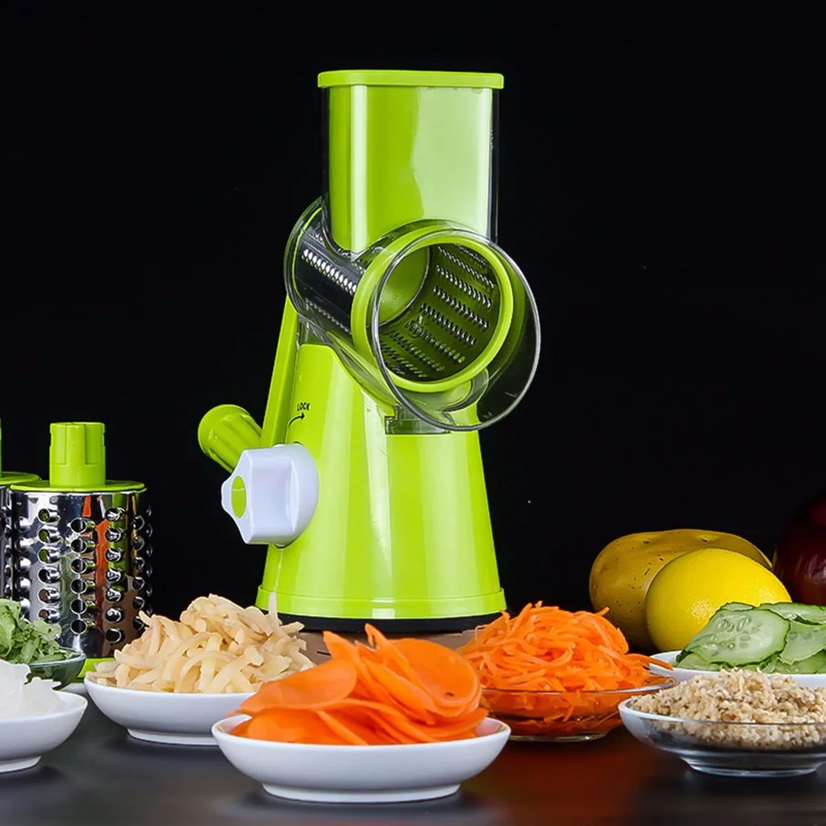 Round mandoline vegetable slicer with three stainless steel blades and suction cup base