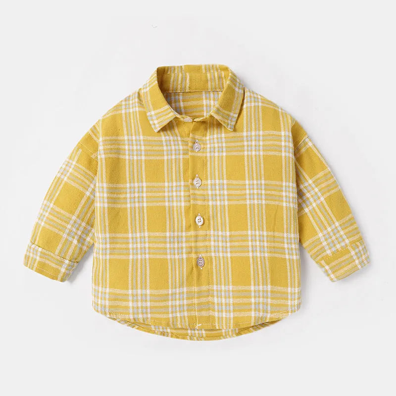 Boys' cotton lattice shirt in khaki, light blue, pink, or yellow with long sleeves for spring and autumn wear