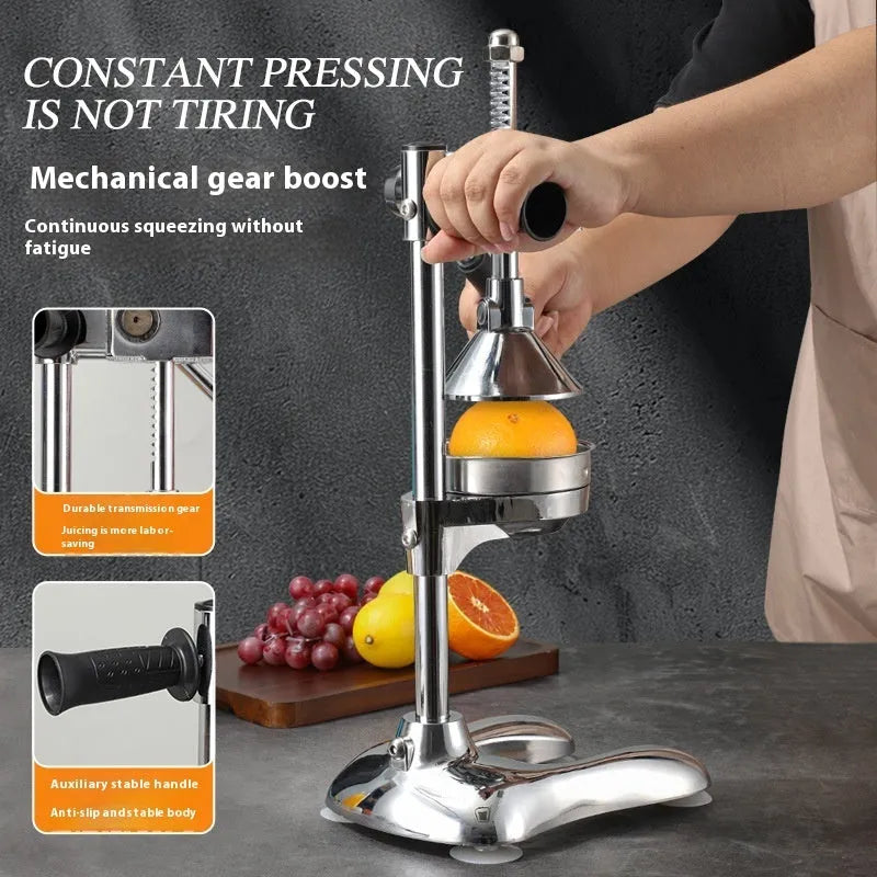Vertical stainless steel manual citrus juicer shown in various colour and head style options.