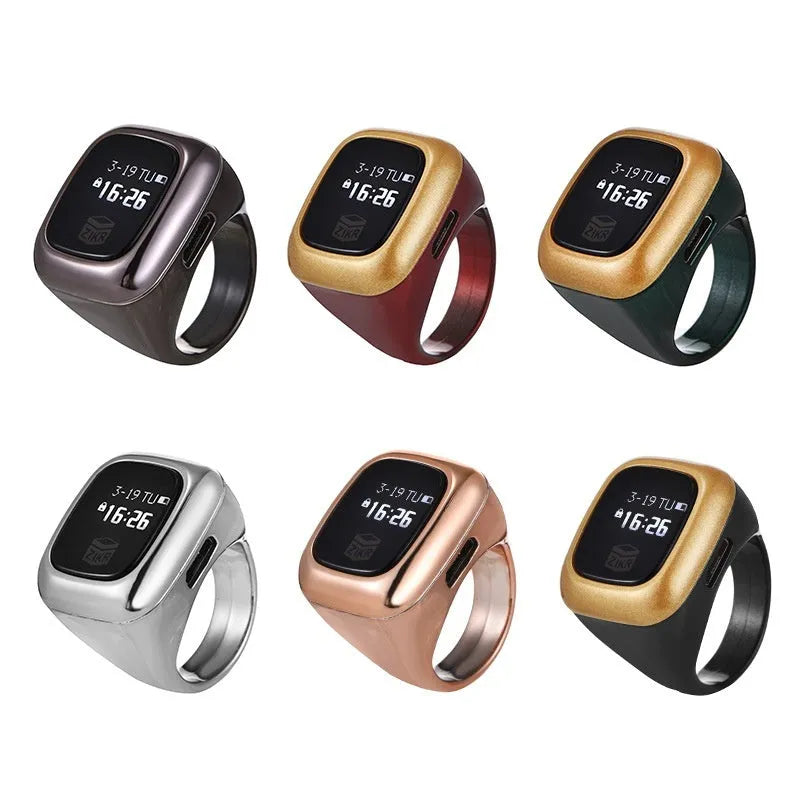 Al-Fatiha electronic zikr counter with digital display on a wrist, shown in various colours.