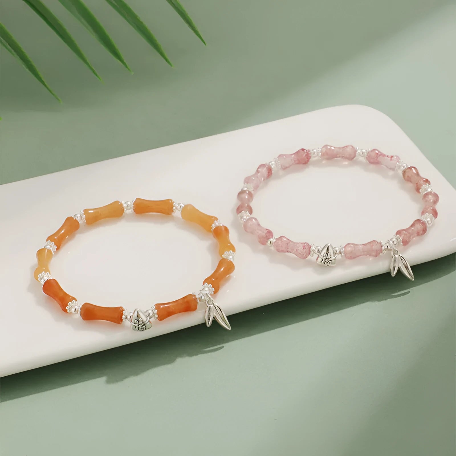 Green aventurine bamboo pattern bracelet with electroplated components and adjustable closure