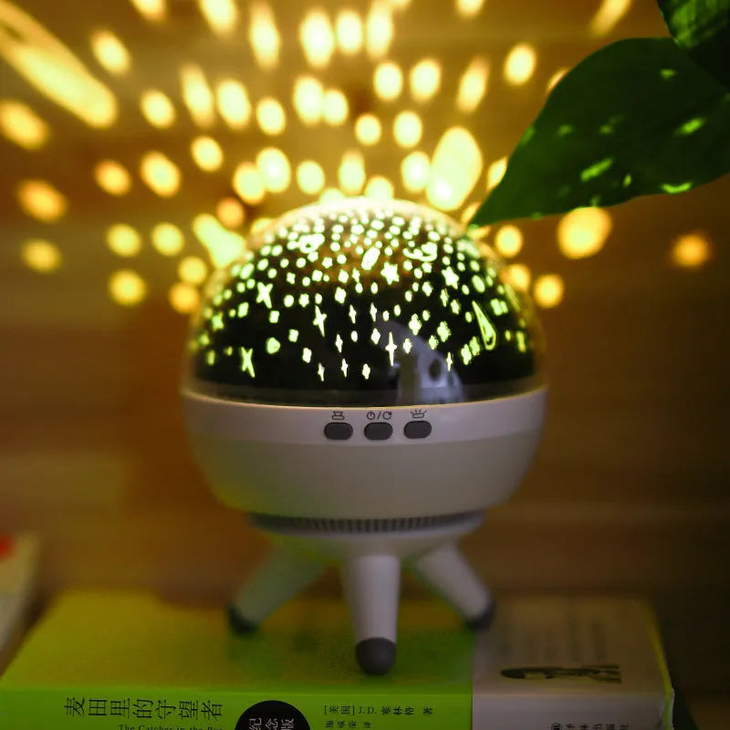 Black rotating starlight projection lamp projecting cartoon stars onto a ceiling