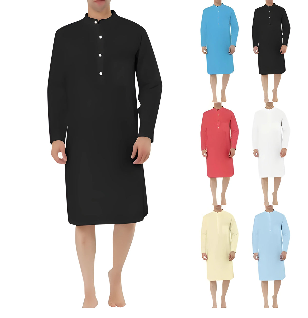 Men's cotton shirt robe in light blue with front pocket and long sleeves on a model