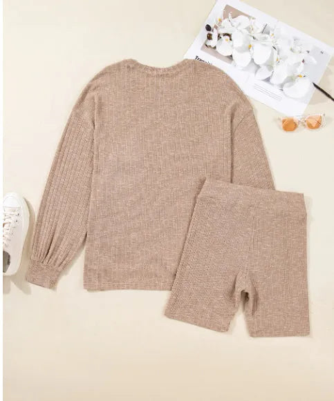 Dark khaki ribbed lantern sleeve sweater and motorcycle knit shorts set on woman