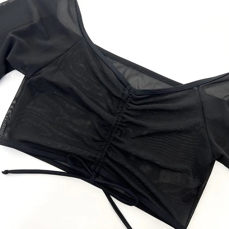 Women's black mesh four-piece bikini swimsuit with long sleeves for swimming sports