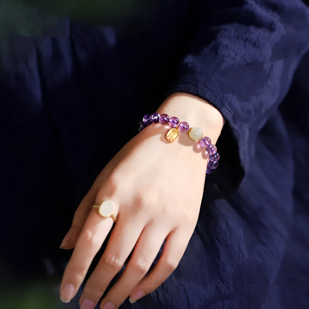 Women's amethyst geometric crystal bracelet with 8mm beads and national style ornamentation