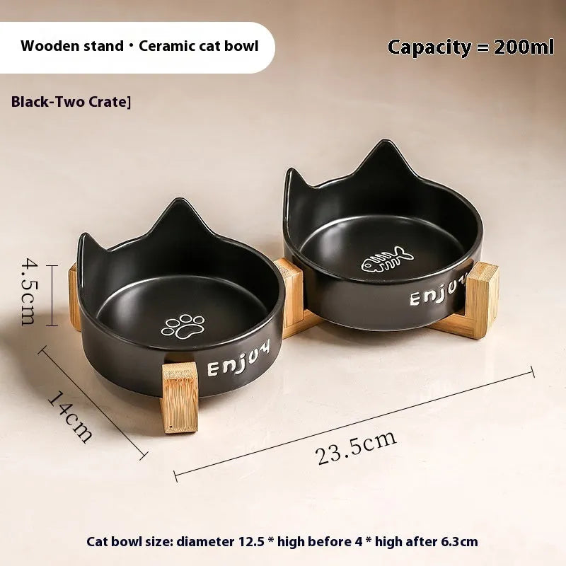 Porcelain cat bowl with wooden anti-tumble frame in chosen colour with cat ear design