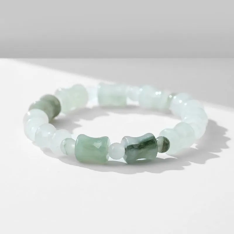 Tianshan Emerald natural chalcedony beaded bracelet with diamond-shaped jade stones and coconut shell beads on elastic string